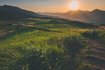 奈良県　曽爾高原のススキと秋の夕景
