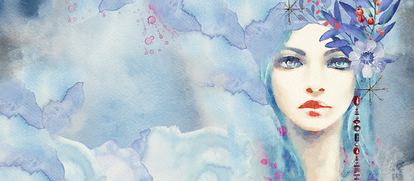 Winter. Abstract portrait of girl. Fashion watercolor background..