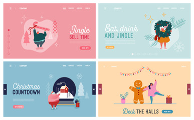 Festive Winter Season Holidays Website Landing Page Set. People Characters and Christmas Traditional Symbols Gingerbread Man, Candy Cane Crystal Ball Web Page Banner. Cartoon Flat Vector Illustration