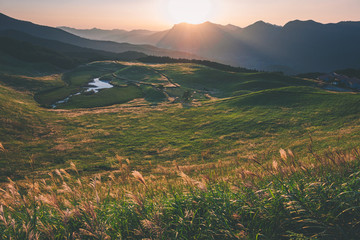 奈良県　曽爾高原のススキと秋の夕景