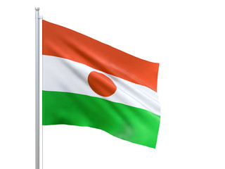 Obraz premium Niger flag waving on white background, close up, isolated. 3D render