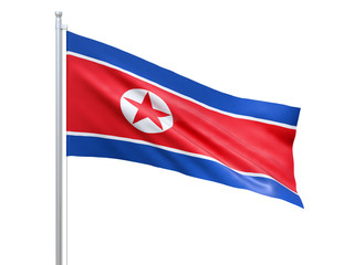 North Korea flag waving on white background, close up, isolated. 3D render
