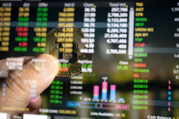 Fototapeta premium Bit Coin with Stock Price Chart Double exposure