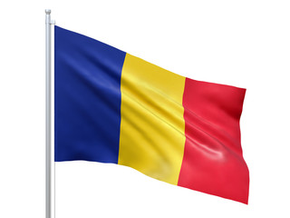 Romania flag waving on white background, close up, isolated. 3D render