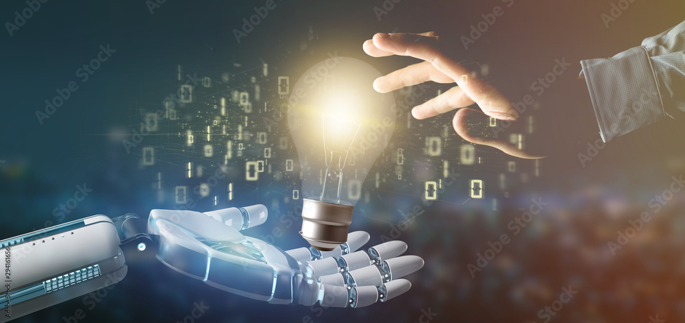 Poster cyborg hand holding a bulb lamp idea concept with data all around 3d rendering