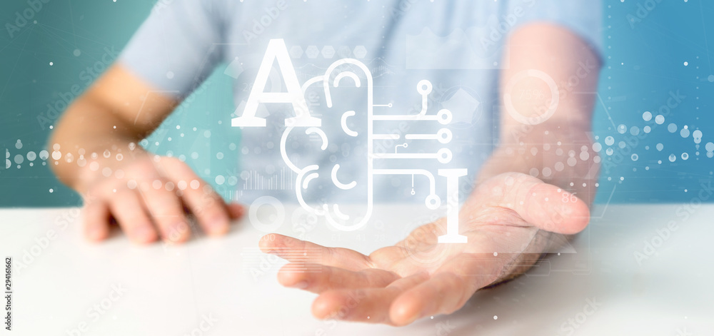 Aufkleber business man holding artificial intelligence icon with half brain and half circuit 3d rendering