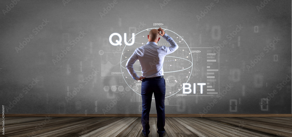 Poster businessman in front of a wall with quantum computing concept with qubit icon 3d rendering