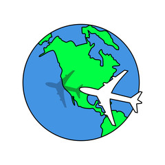 Aeroplane circling the globe or earth. Flat style icon. Isolated on white background. 