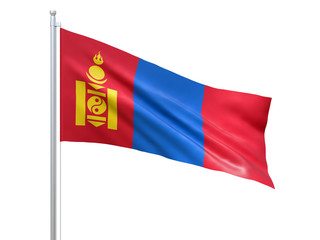 Mongolia flag waving on white background, close up, isolated. 3D render