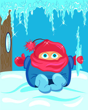 Vector illustration with a cute dressed up child sitting on the snow