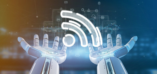 Cyborg hand holding a wifi icon with data all around