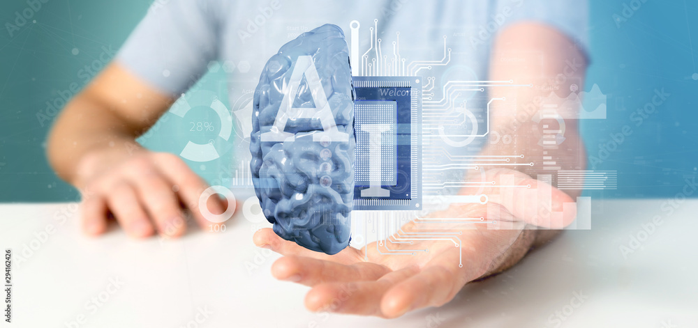 Aufkleber business man holding artificial intelligence icon with half brain and half circuit 3d rendering
