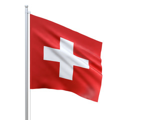 Switzerland flag waving on white background, close up, isolated. 3D render