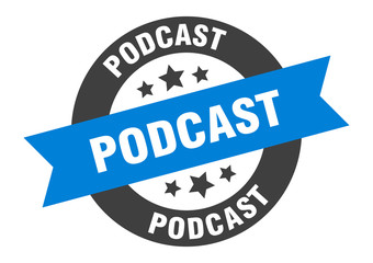 podcast sign. podcast blue-black round ribbon sticker