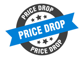 price drop sign. price drop blue-black round ribbon sticker