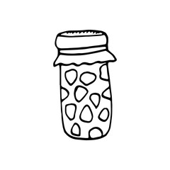 Single hand drawn element jar with jam for New Year or autumn greeting cards, posters, stickers and seasonal design.  Isolated on white background. Doodle vector illustration.