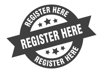 Fototapeta premium register here sign. register here black round ribbon sticker