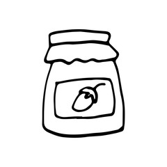 Single hand drawn element jar with jam for New Year or autumn greeting cards, posters, stickers and seasonal design.  Isolated on white background. Doodle vector illustration.