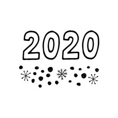 Cute lettering of New Year and Xmas. Hand drawn vector illustration. Winter elements for greeting cards, posters, stickers and seasonal design. Black on white background