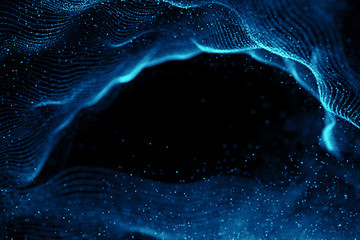 abstract 3d rendering technology plexus blue dynamic digital surface on black background,  geometrical shape with blue lines particles futuristic background