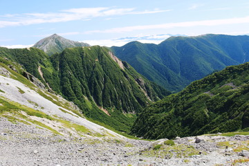 北アルプス　槍ヶ岳への道　槍沢登山道　常念岳、蝶ヶ岳遠景