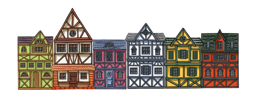 German houses cartoon collection urban landscape front view of European city street colorful building facades. Hand drawn vector illustration sketch style.