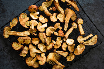 Drying fresh forest mushrooms on wooden table.