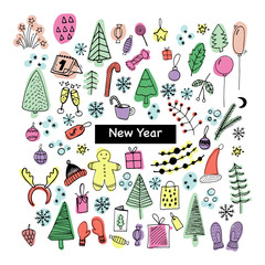Big set of New Year and Xmas icons in color. Cute hand drawn vector illustration. Winter elements  for greeting cards, posters, stickers and seasonal design.  Isolated on white background