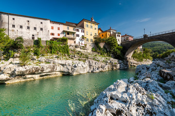 Fototapeta na wymiar Colorful Architecture of Kanal Ob Soci Town in Slovenia at River Soca