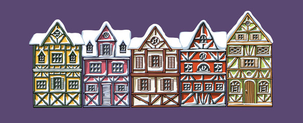 German houses winter cartoon collection urban snow landscape front view of European city street colorful building facades. Hand drawn vector illustration sketch style.