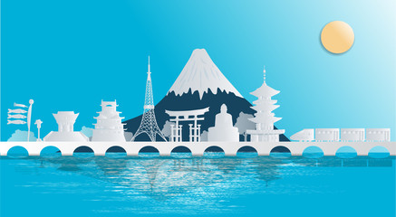 Japan and the world-famous construction site, you can see Mount Fuji in a panorama style. Paper cut...
