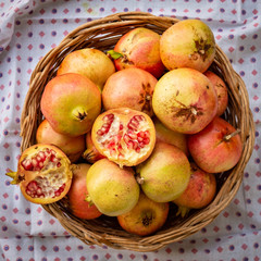 Naklejka na ściany i meble Basket full of pomegranates with a opened one. Fresh fruit from Apulia region, Italy