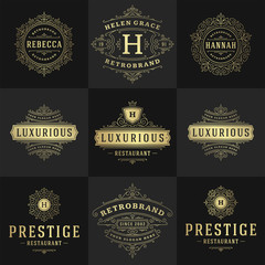 Vintage logos and monograms set elegant flourishes line art graceful ornaments victorian style vector template design