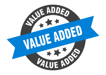 value added sign. value added blue-black round ribbon sticker