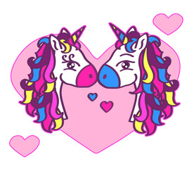 Two cute unicorns on a background of hearts. Vector illustration. 