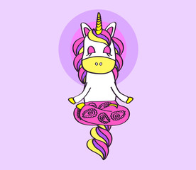 Cute unicorn is meditating on a purple background. Vector illustration.