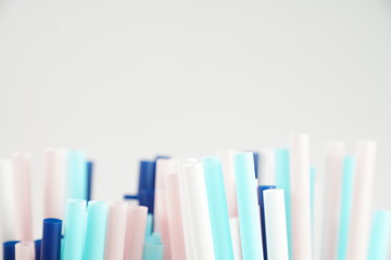 Colorful of straw plastic drinking background for party, close up of colorful and bright plastic straws with copy space. 