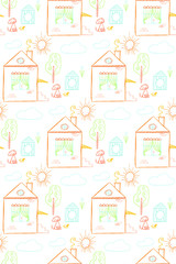 Seamless hand drawn childish pattern with house, dog and sun. Perfect for kids wallpaper, fabric, textile, wrapping and apparel. Vector illustration.