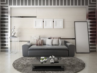 Mock up a stylish living room with a fashionable comfortable sofa and modern interier.