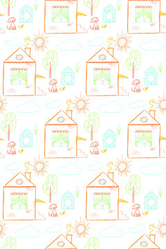 Seamless hand drawn childish pattern with house, dog and sun. Perfect for kids wallpaper, fabric, textile, wrapping and apparel. Vector illustration. © Ekaterina