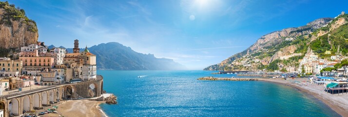 Panoramic collage with Amalfi and Atrani in province of Salerno, region of Campania, Italy.