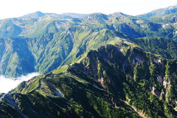 北アルプス　槍ヶ岳山頂からの風景　西鎌尾根と雲ノ平の山々