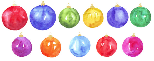 watercolor set of christmas balls on a white background