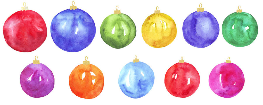 watercolor set of christmas balls on a white background