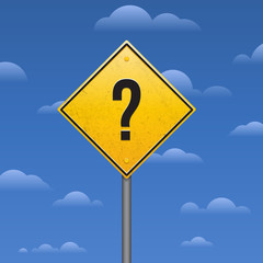 Road Sign with a Question mark. The yellow sign on a cloudy background.. Vector illustration.