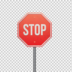 Red STOP sign isolated on transparent background. Isolated Traffic Regulatory Warning Signage. Vector illustration - obrazy, fototapety, plakaty