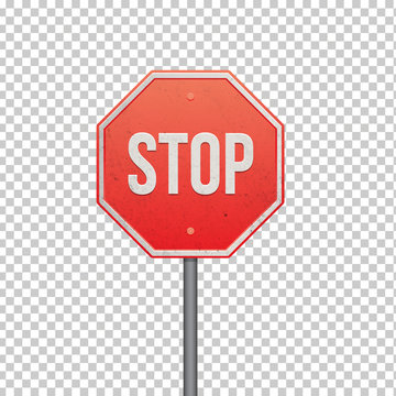 Red STOP sign isolated on transparent background. Isolated Traffic Regulatory Warning Signage. Vector illustration