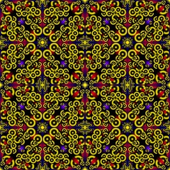 Seamless endless repeating multicolored bright ornament of different colors on combined background