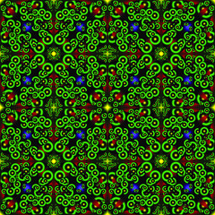 Seamless endless repeating multicolored bright ornament of different colors on combined background