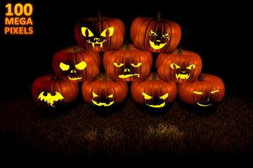 halloween concept or background - pile of 9 different carved pumpkins with fire light inside - huge resolution 3D illustration of objects